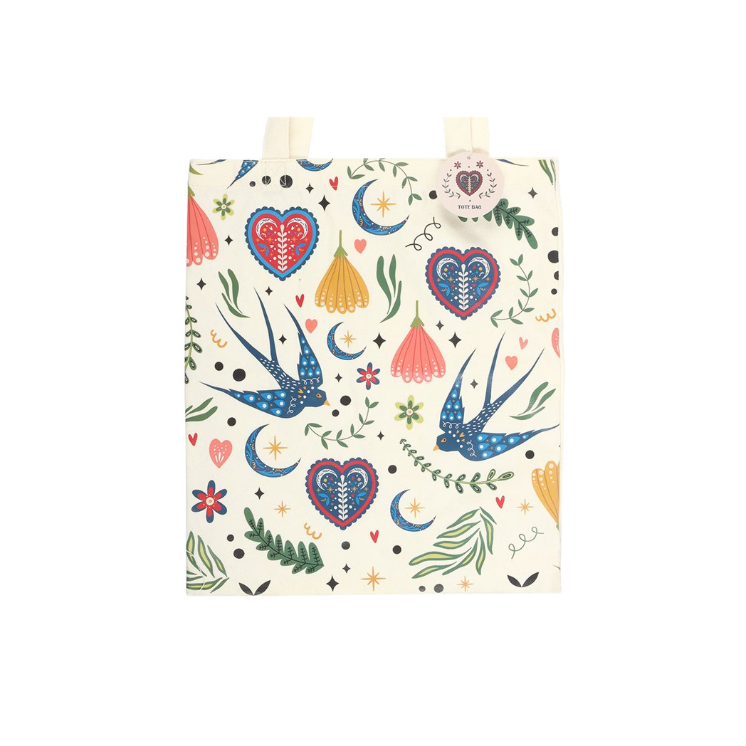 Cream Folk Print Polycotton Tote Bag